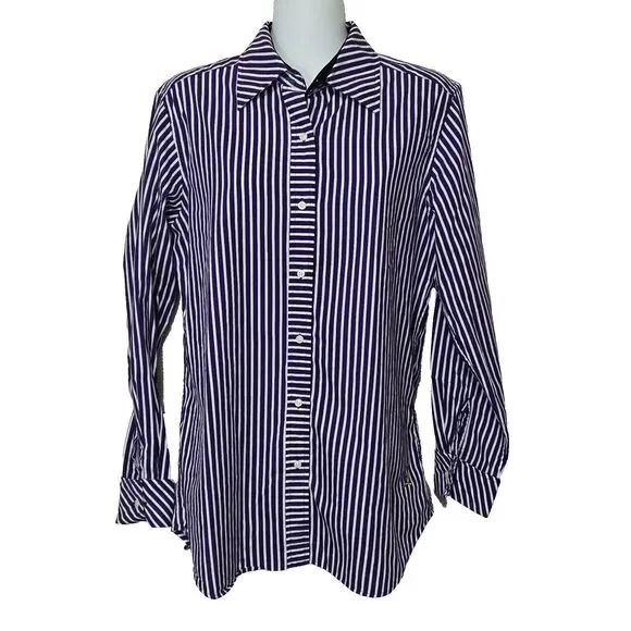 Tommy Hilfiger Button Up Shirt Womens 10 Purple White Striped Velvet LinedCollar - Picture 1 of 10
